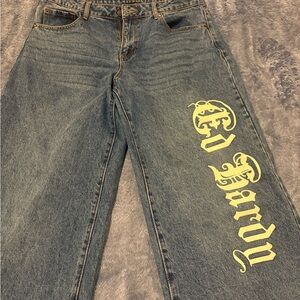 Ed Hardy Denim Jeans with Vibrant Yellow Graphic